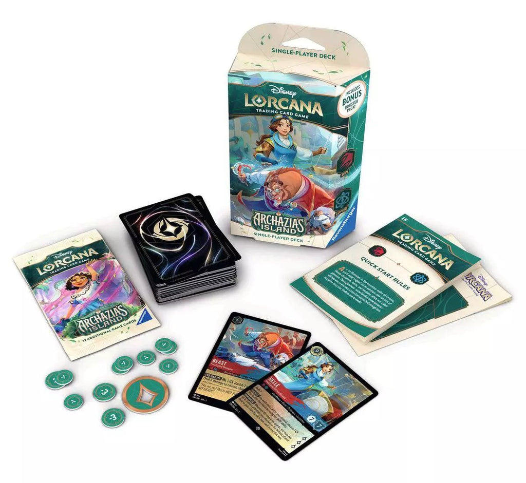 Disney Lorcana Archazia's Island Starter Deck Belle & Beast - inhoud: deck, boosterpakje, tokens en speluitleg