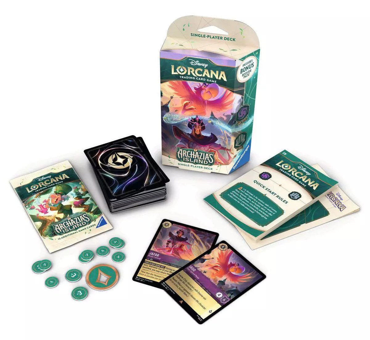 Disney Lorcana Archazia's Island Starter Deck Jafar & Iago - inhoud: deck, boosterpakje, tokens en speluitleg