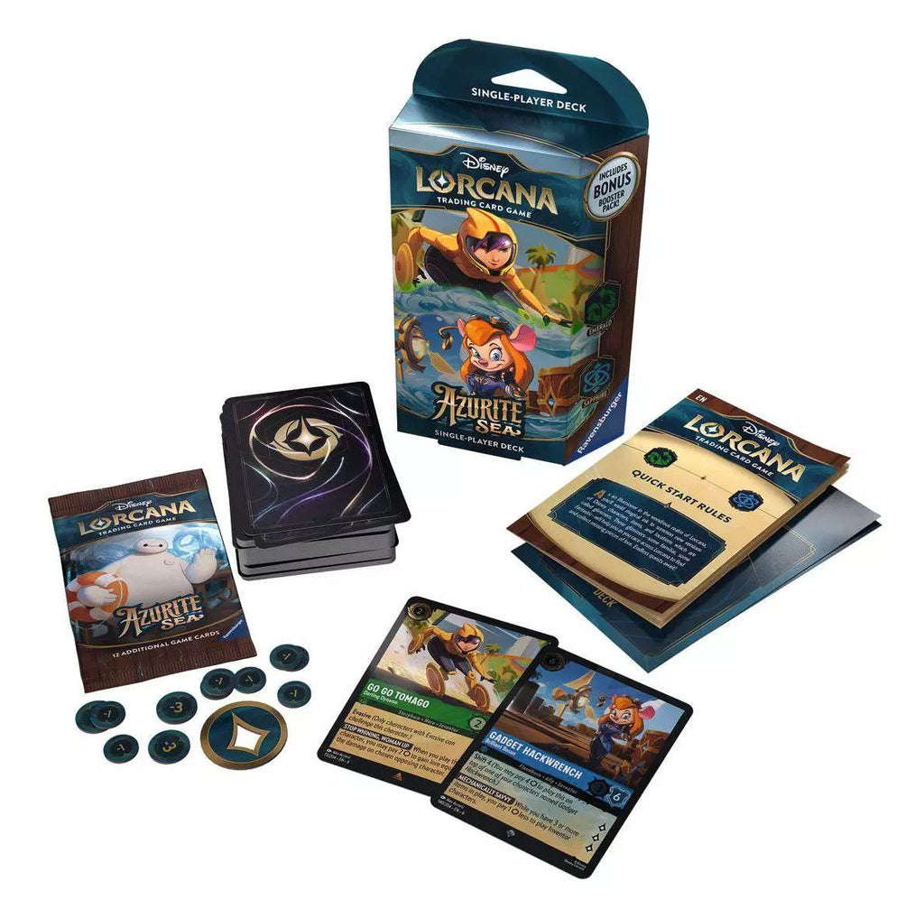 Disney Lorcana Azurite Sea Starter Deck Go Go Tomago & Gadget Hackwrench - inhoud: deck, boosterpakje, tokens en speluitleg