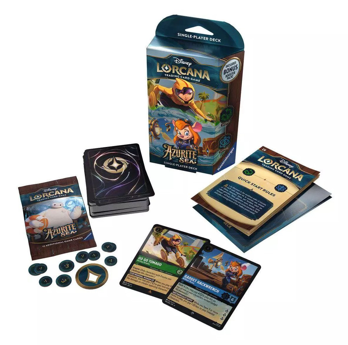 Disney Lorcana Azurite Sea Starter Deck Go Go Tomago & Gadget Hackwrench - inhoud: deck, boosterpakje, tokens en speluitleg