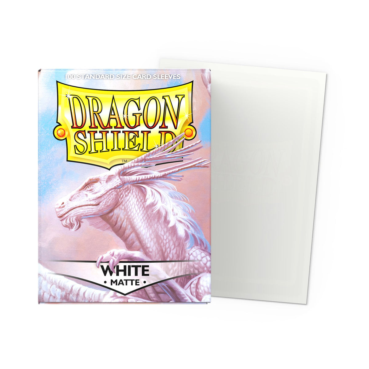 Dragon Shield Matte White sleeves – doosje van 100 stuks met een losse witte sleeve ernaast
