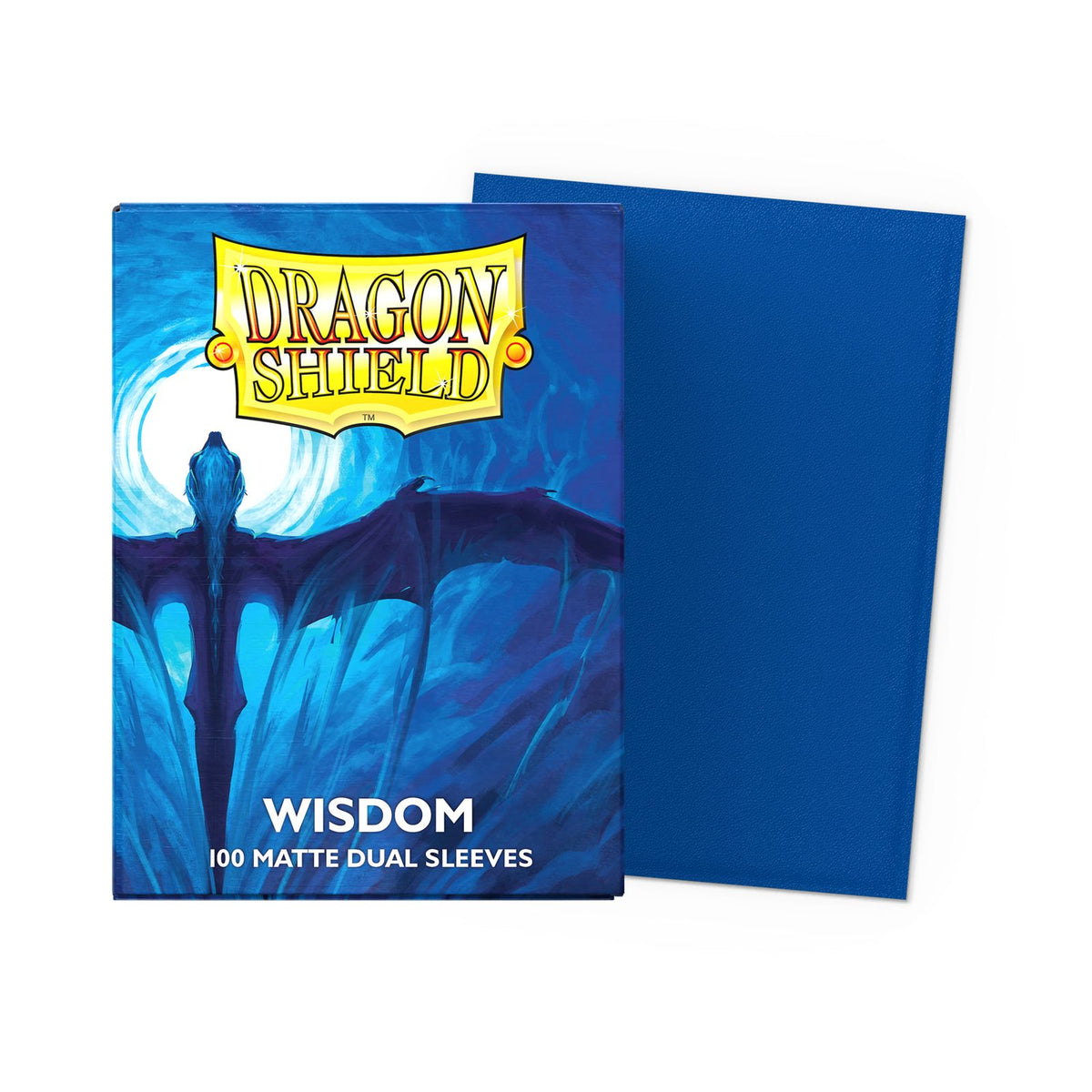 Dragon Shield Dual Matte Wisdom sleeves – doosje van 100 stuks met een losse blauwe Wisdom-sleeve ernaast