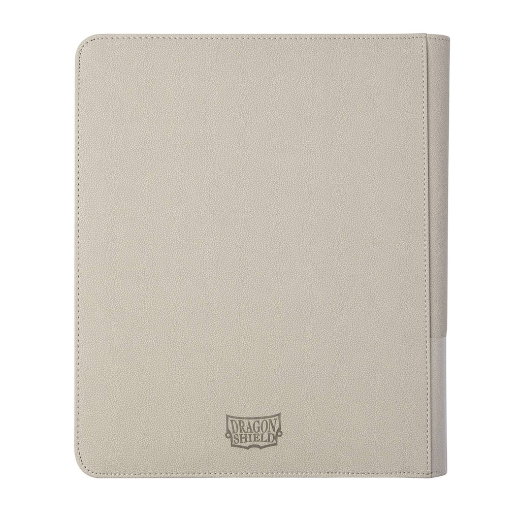 Achterkant van de Dragon Shield Card Codex Zipster Binder in Ashen White met ritssluiting en Dragon Shield-logo