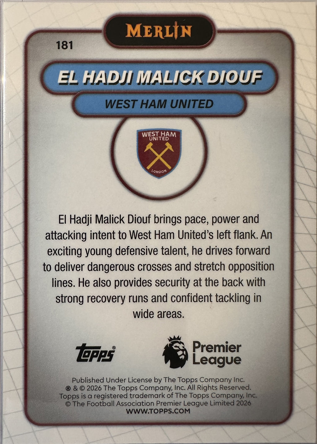 El Hadji Malick Diouf - 2025-26 Topps Merlin Premier League (Blue Mojo Refractor 127/150 RC) [181] - achterkant