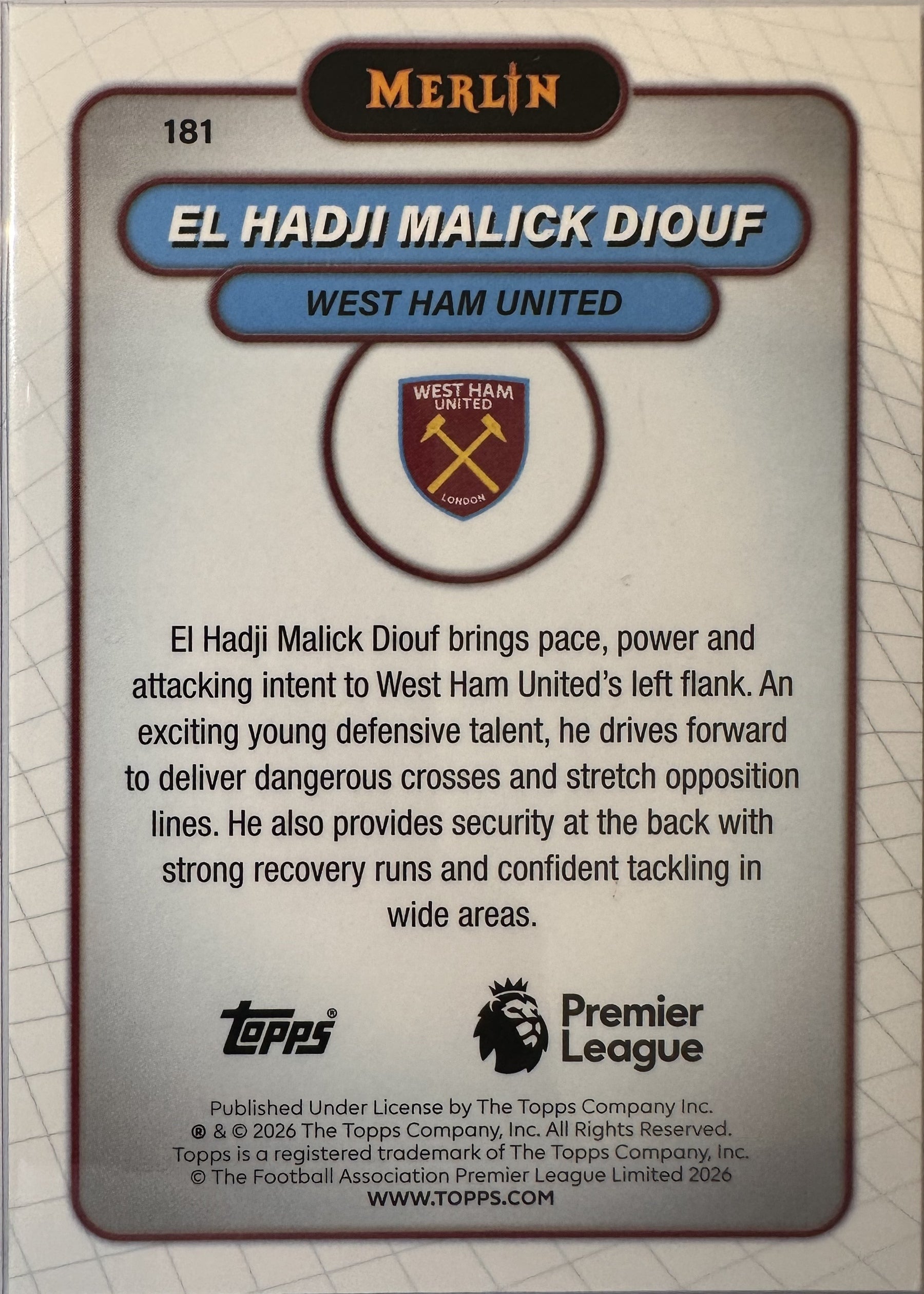 El Hadji Malick Diouf - 2025-26 Topps Merlin Premier League (Blue Mojo Refractor 127/150 RC) [181] - achterkant