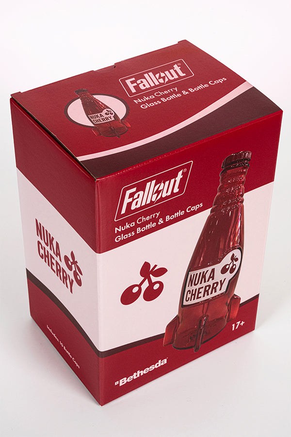 Fallout Nuka Cherry glazen fles liggend met de tien bottle caps