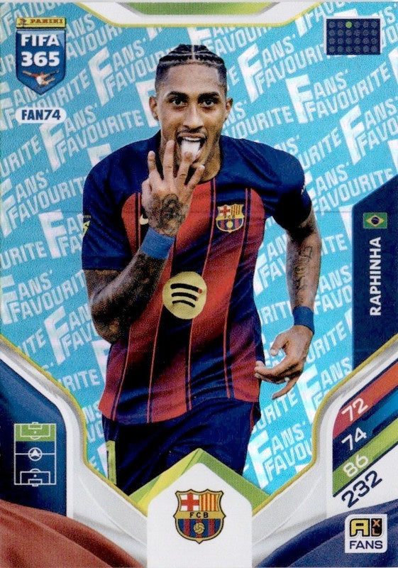 Raphinha Fan Favourite - Blue Parallel FAN74 - Panini FIFA 365 2026 Adrenalyn XL kaart Image principale du produit