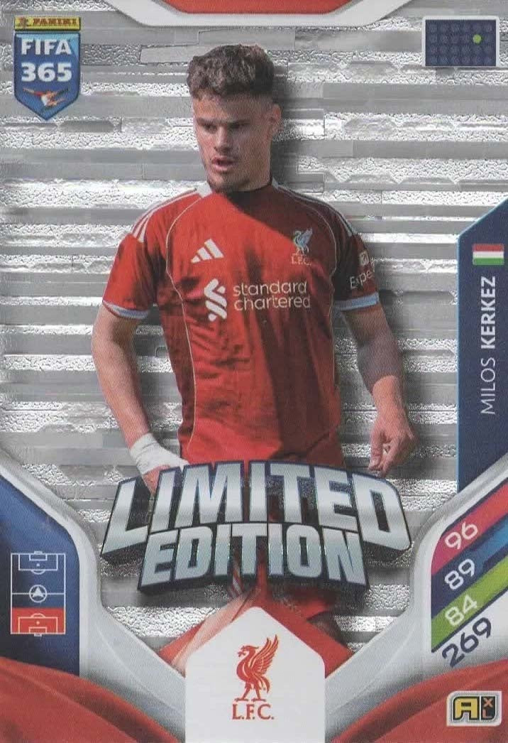 Milos Kerkez Limited Edition Liverpool - Panini FIFA 365 2026 Adrenalyn XL kaart Imagen principal del producto