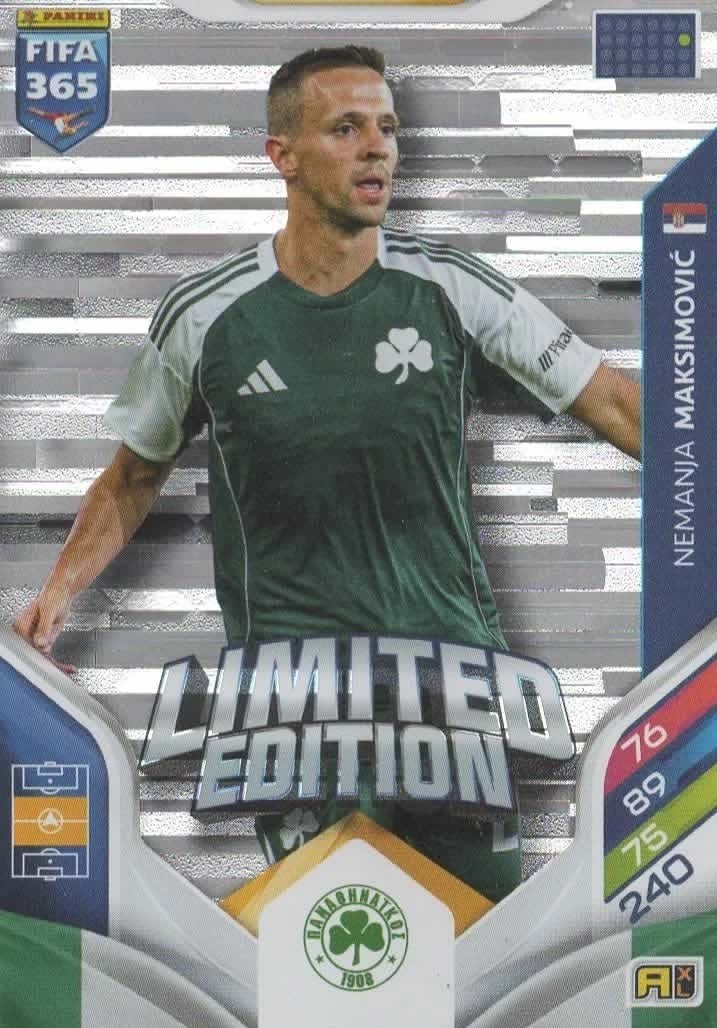 Nemanja Maksimović Limited Edition Panathinaikos - Panini FIFA 365 2026 Adrenalyn XL kaart Imagen principal del producto