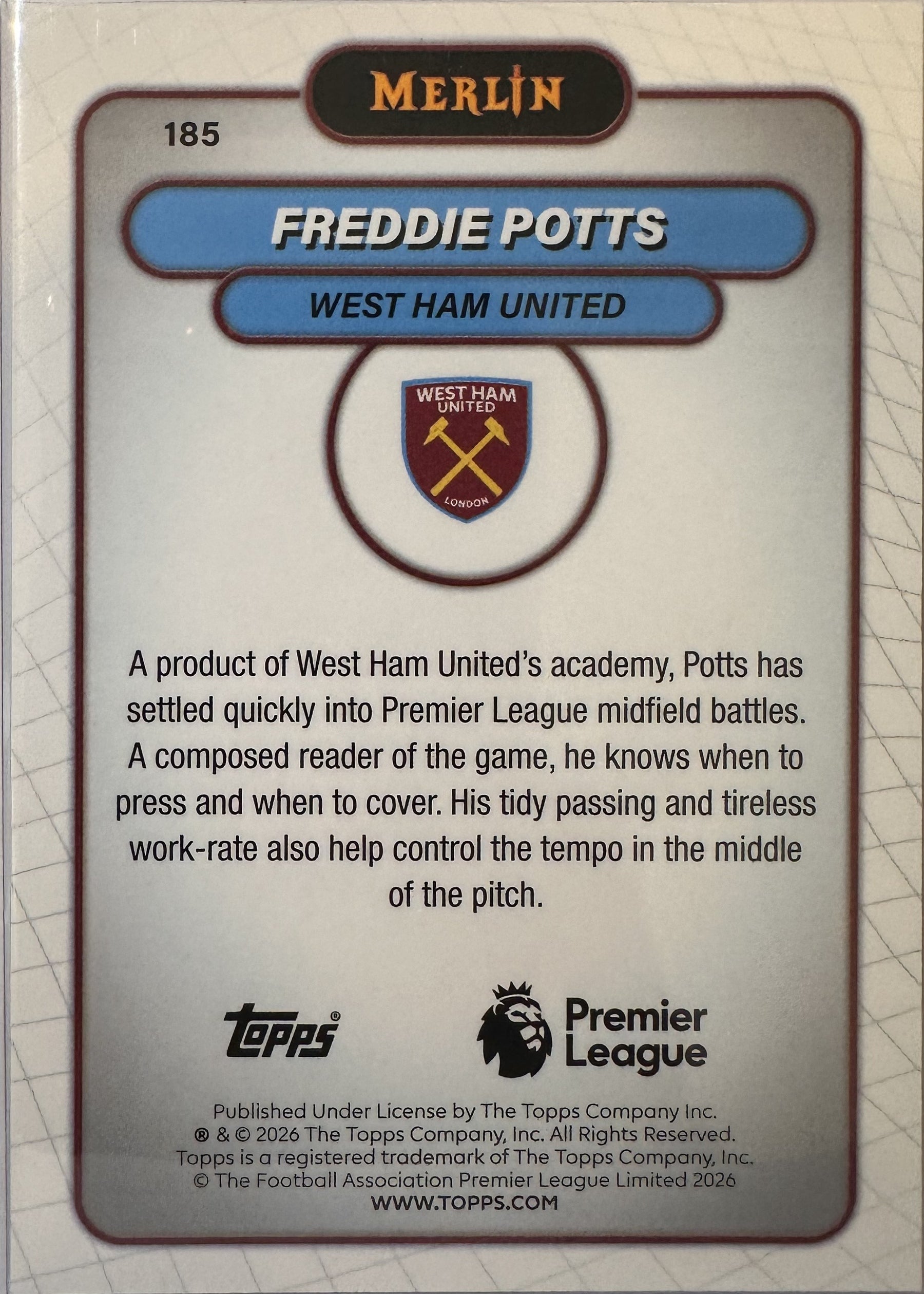 Freddie Potts - 2025-26 Topps Merlin Premier League (Mojo Refractor RC) [185] - achterkant