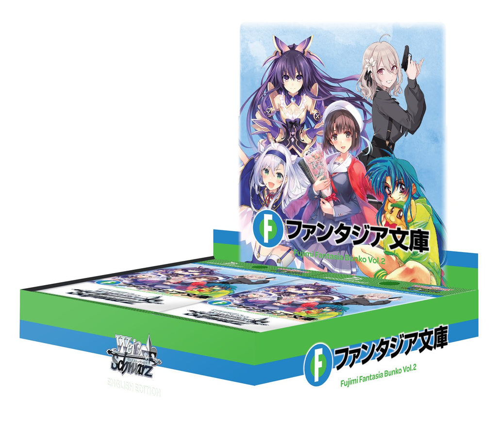 Weiss Schwarz Fujimi Fantasia Bunko Vol.2 Booster Box (Engelse editie) - officiële render van de geopende display met boosterpakjes
