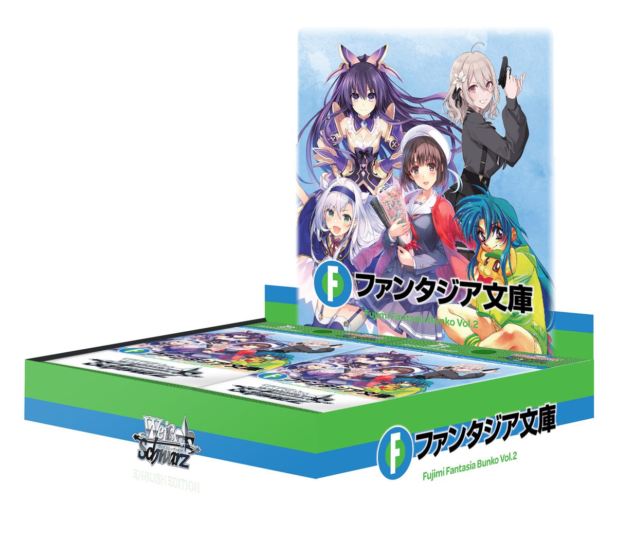 Weiss Schwarz Fujimi Fantasia Bunko Vol.2 Booster Box (Engelse editie) - officiële render van de geopende display met boosterpakjes