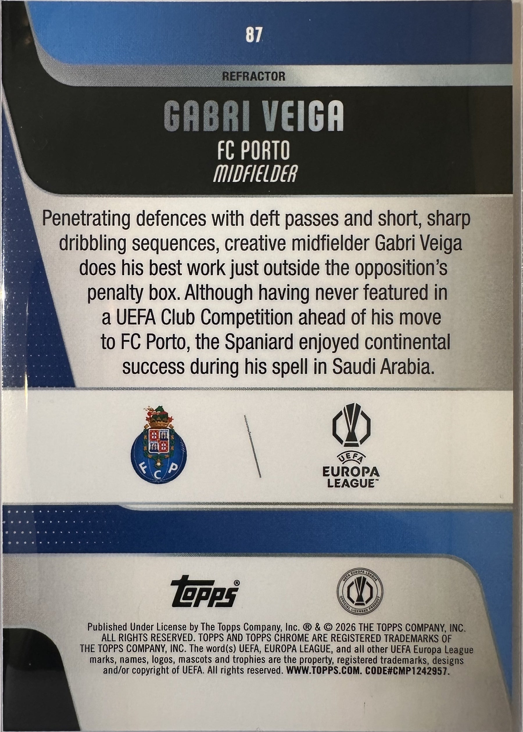 Gabri Veiga - 2025-26 Topps Chrome UEFA Club Competitions (Refractor) [87] - achterkant