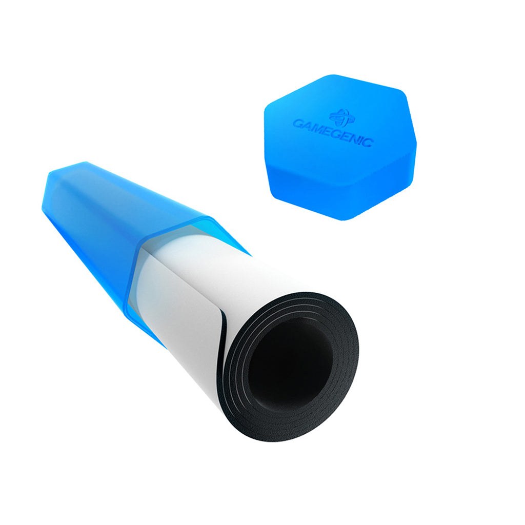 Gamegenic Playmat Tube blauw geopend met een opgerolde speelmat erin