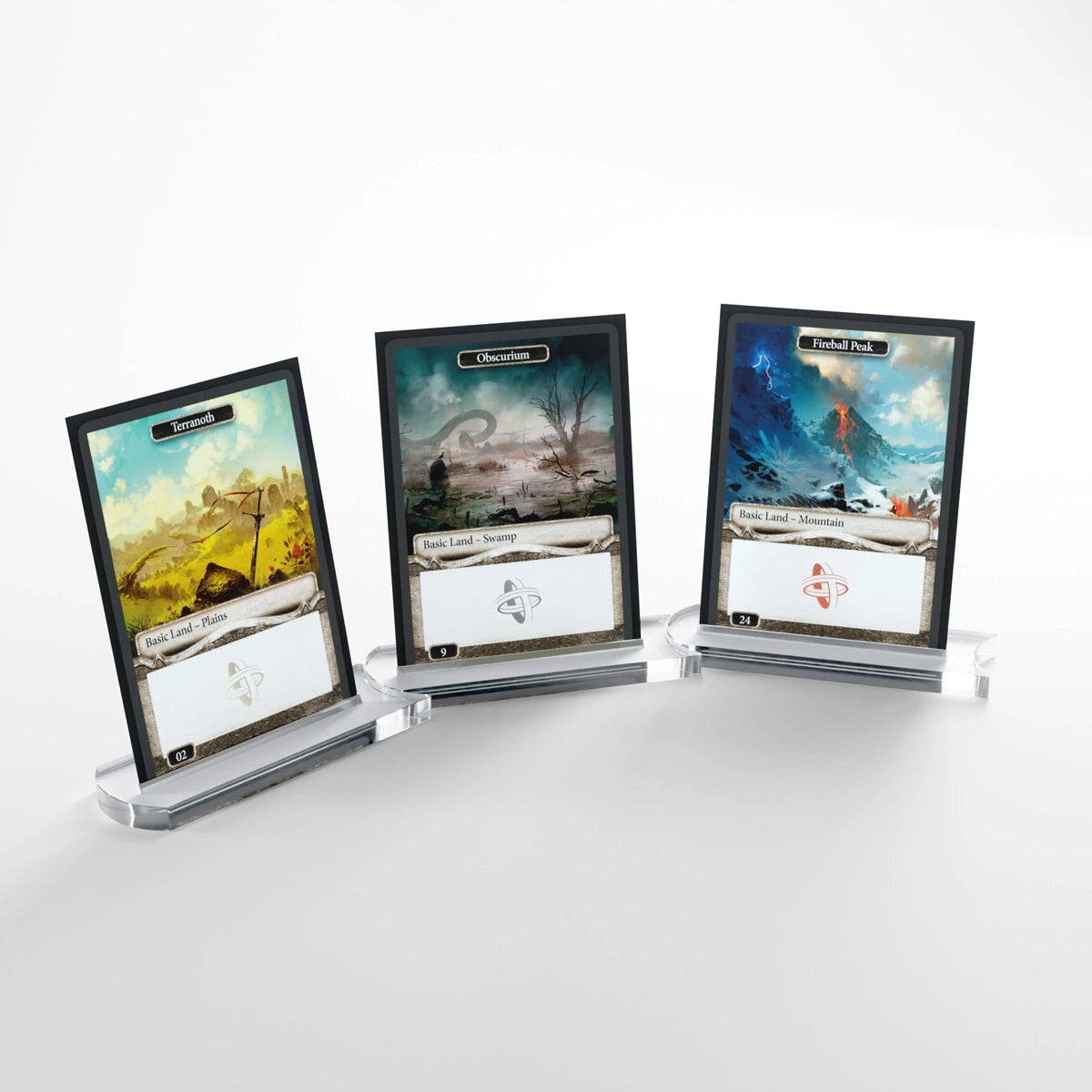 Gamegenic Premium Card Stands – tre supporti con carte di esempio; carte non incluse