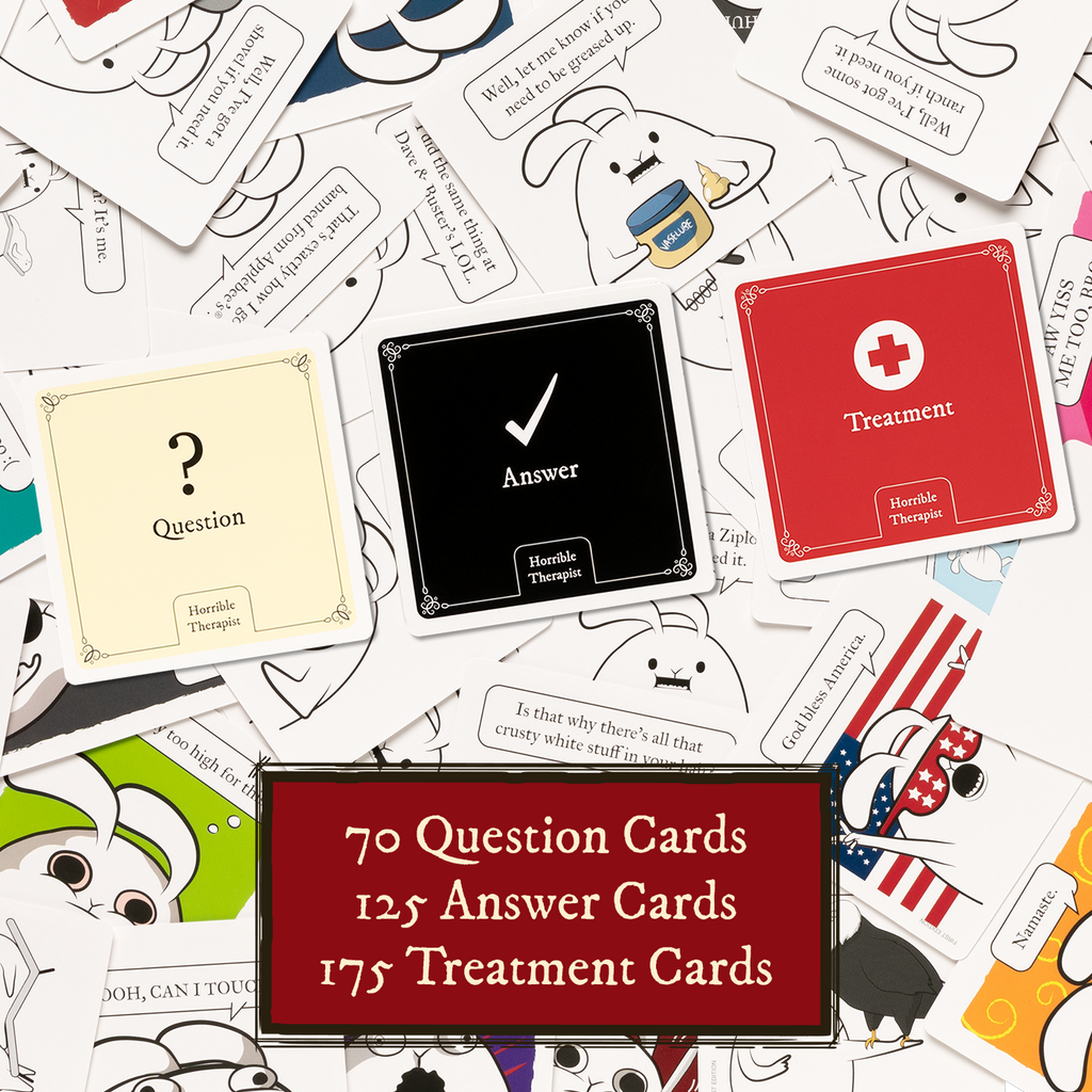 Horrible Therapist (Englisch) – Question-, Answer- und Treatment-Karten aus dem Basisspiel