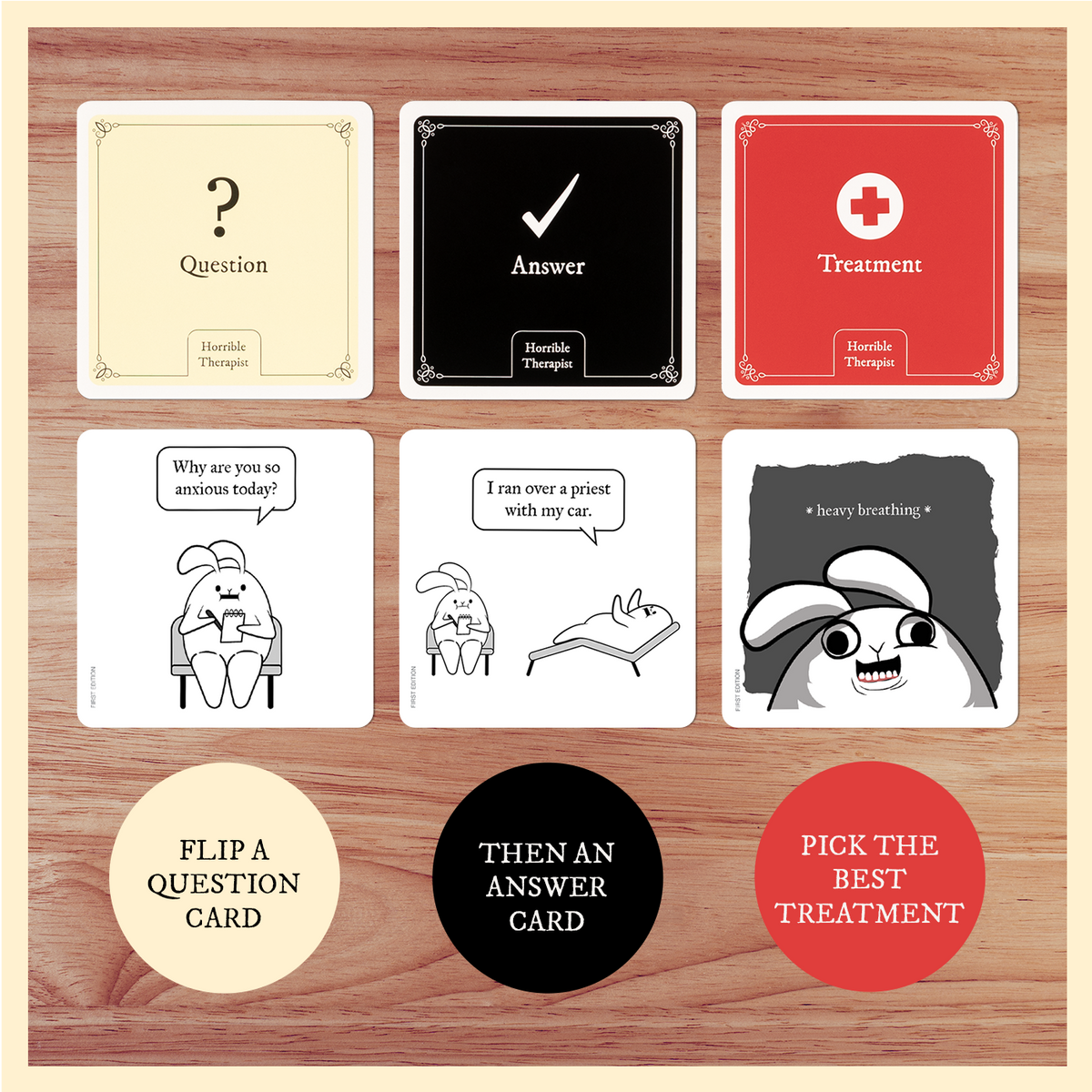 Horrible Therapist (Englisch) – Spielbeispiel mit einem Comic aus drei Karten