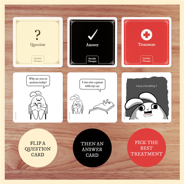 Horrible Therapist (Englisch) – Spielbeispiel mit einem Comic aus drei Karten