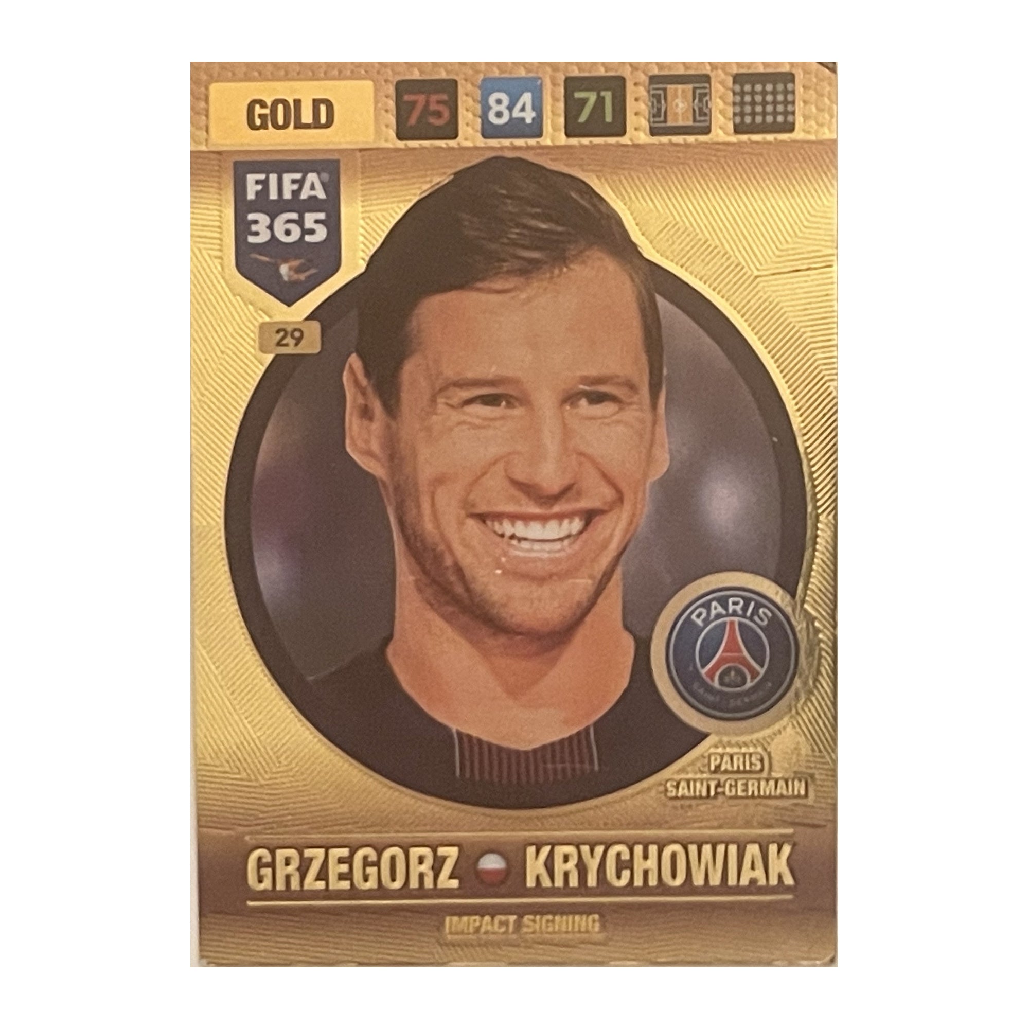 Grzegorz Krychowiak Panini Adrenalyn XL FIFA 365 2017 Impact Signing / Gold 29 voorkant