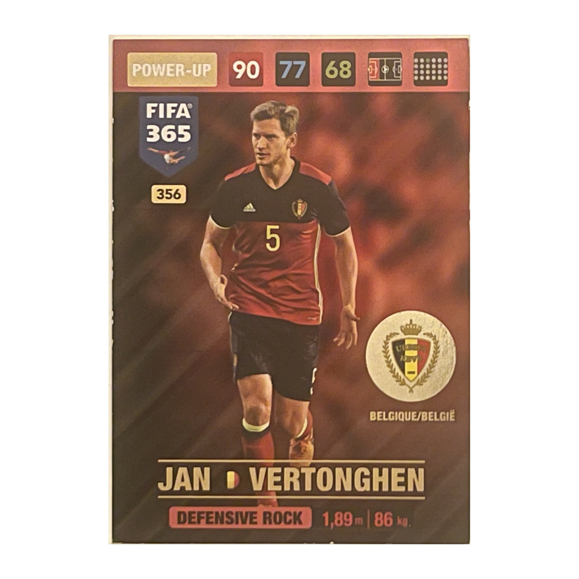Jan Vertonghen Panini Adrenalyn XL FIFA 365 2017 Defensive Rock / Power-Up 356 voorkant