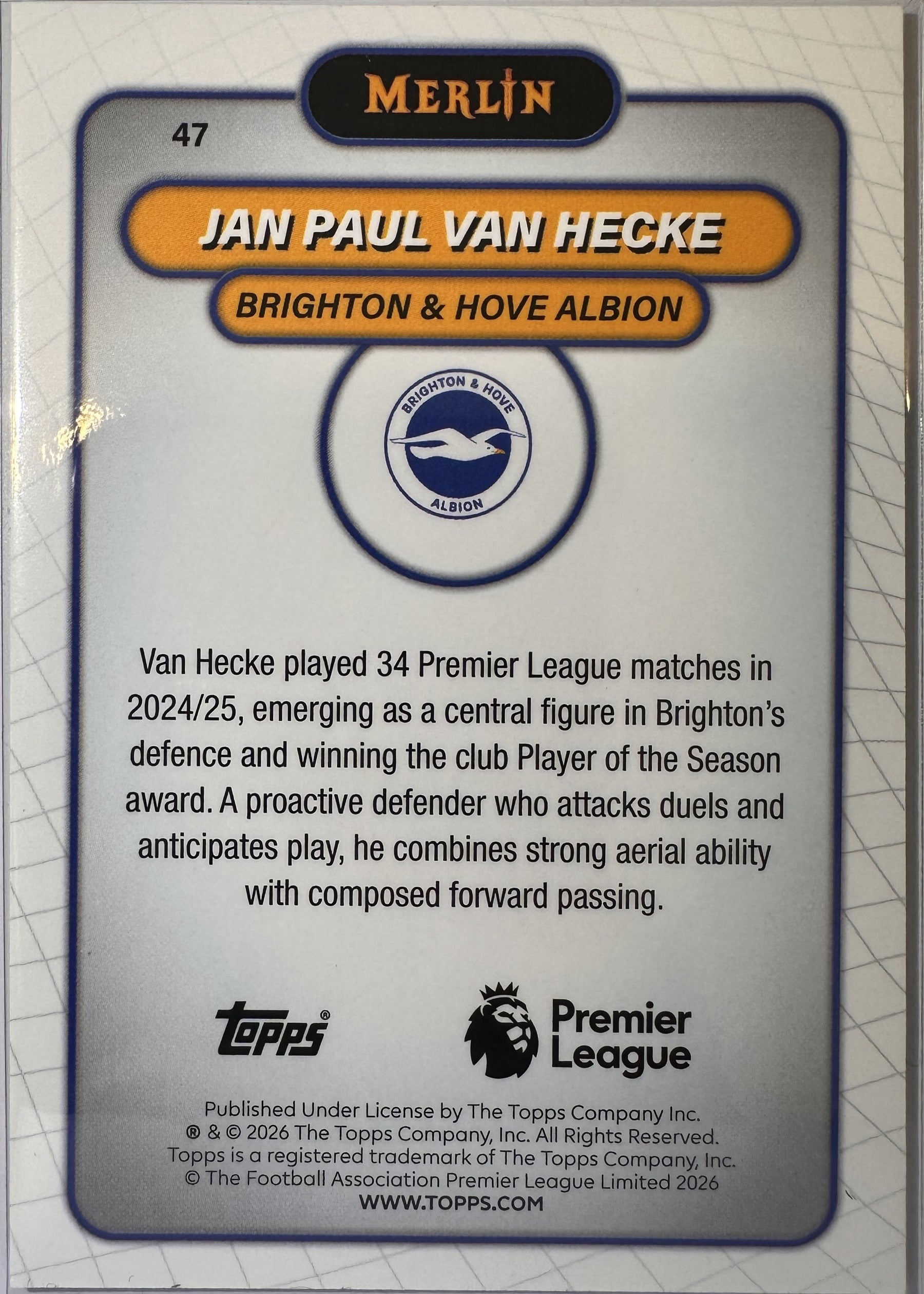 Jan Paul van Hecke - 2025-26 Topps Merlin Premier League (Mojo Refractor) [47] - achterkant