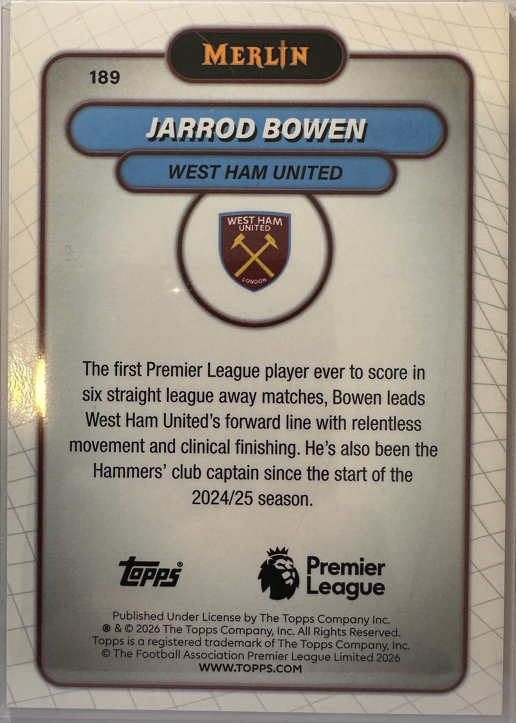 Jarrod Bowen - 2025-26 Topps Merlin Premier League (Aqua Mojo Refractor 034/199) [189] - achterkant