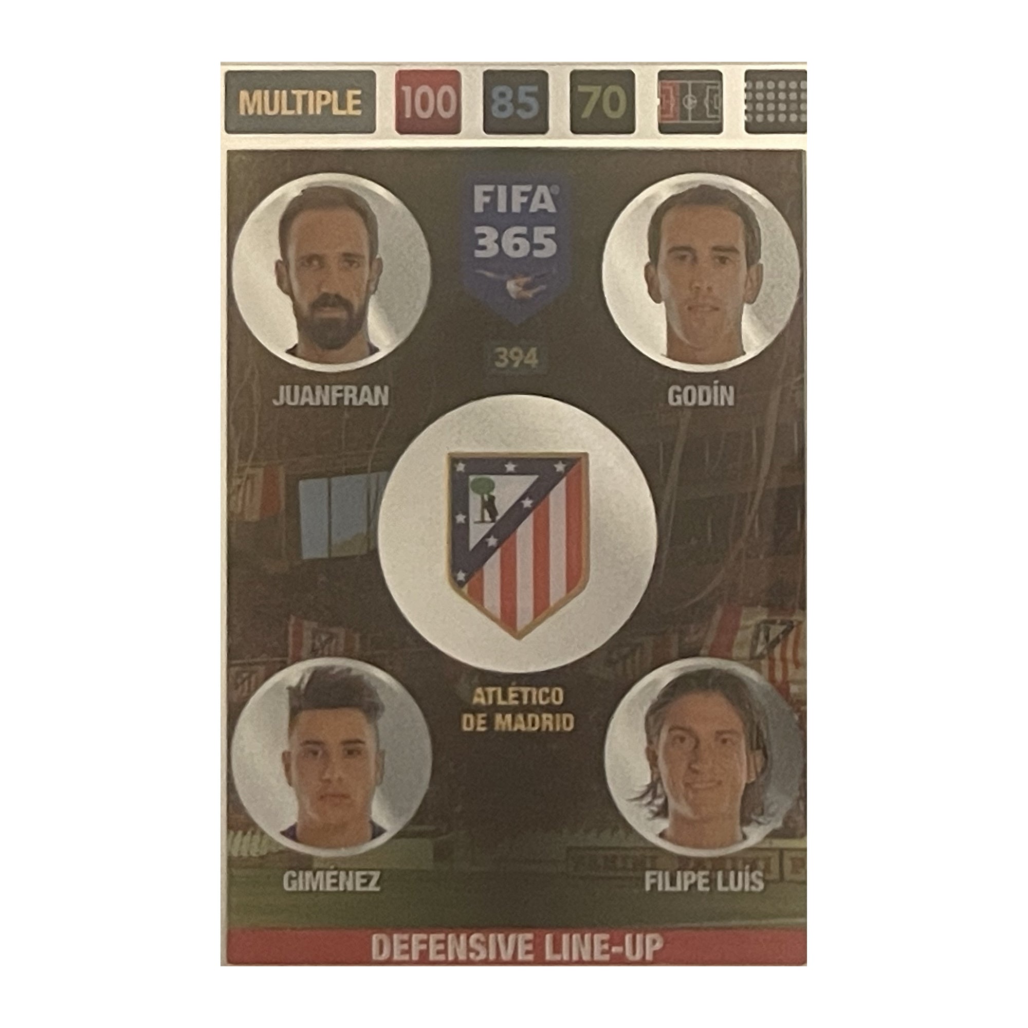 Juanfran / José Giménez / Diego Godín - Panini Adrenalyn XL FIFA 365 2017 (Defensive Line-Up / Multiple) [394] - voetbalkaart voorkant
