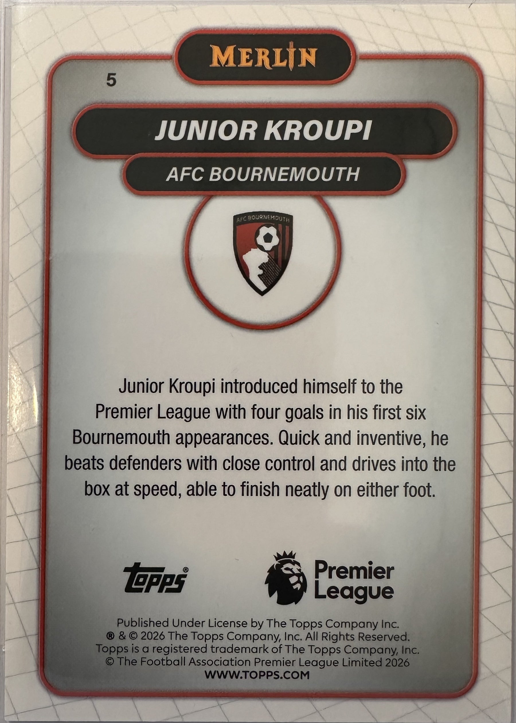 Junior Kroupi - 2025-26 Topps Merlin Premier League (Aqua Refractor 026/199) [5] - achterkant