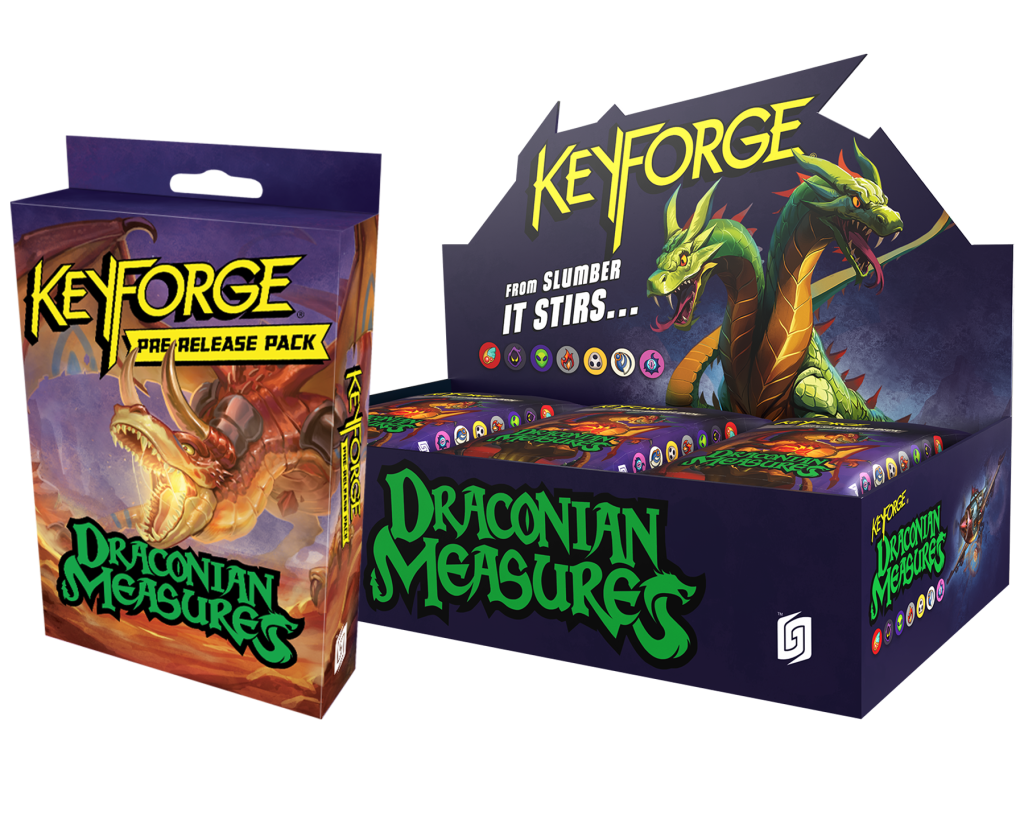 Officiële KeyForge Draconian Measures productafbeelding van display en Archon Decks