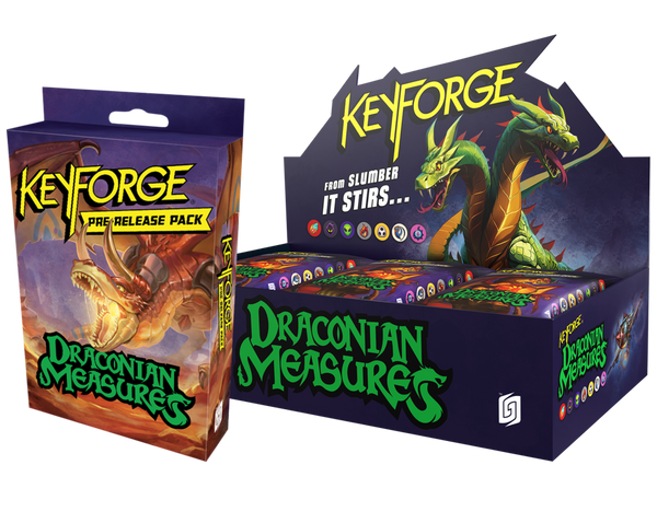 Officiële KeyForge Draconian Measures productafbeelding van display en Archon Decks