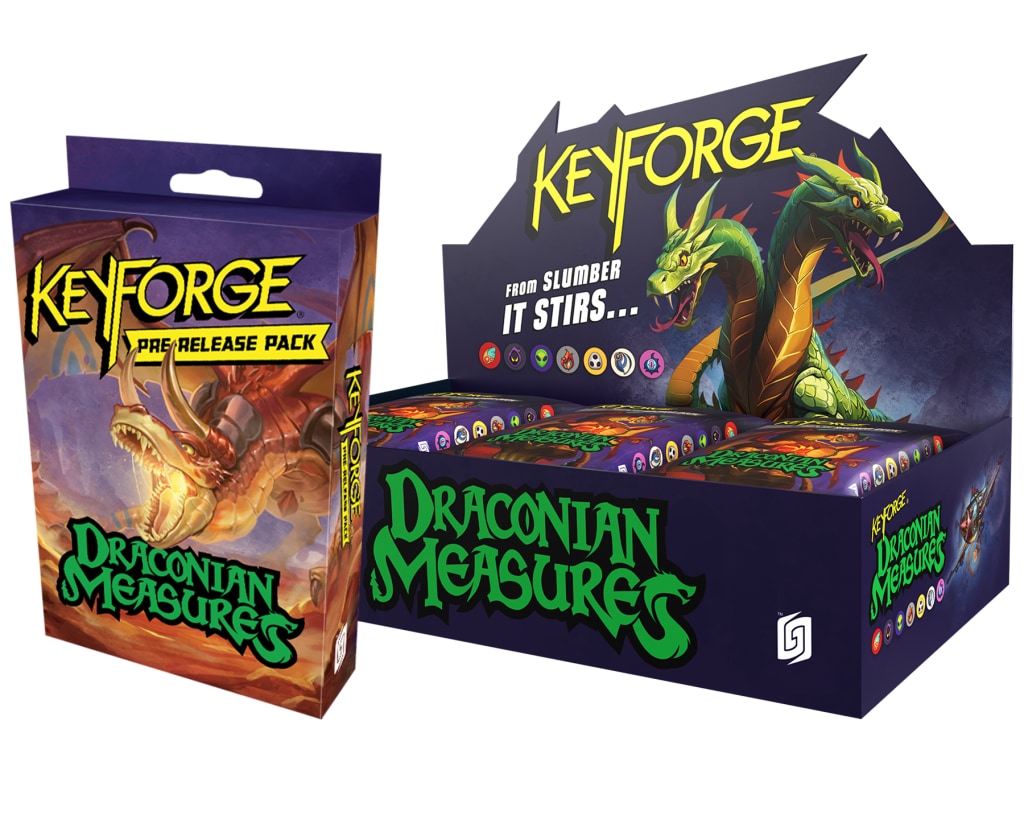 Officiële KeyForge Draconian Measures productafbeelding van display en Archon Decks | Lichcards