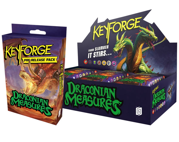 Officiële KeyForge Draconian Measures productafbeelding van display en Archon Decks | Lichcards
