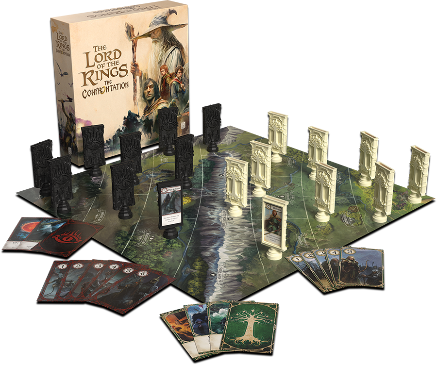 Volledige inhoud The Lord of the Rings The Confrontation Ultimate Edition: doos, speelbord, karakterhouders en kaarten