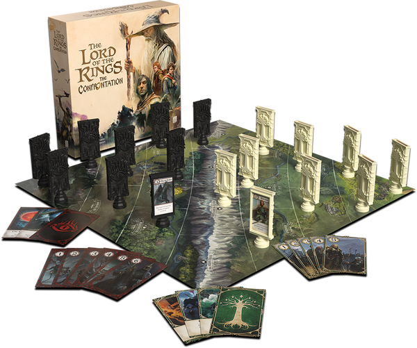 Volledige inhoud The Lord of the Rings The Confrontation Ultimate Edition: doos, speelbord, karakterhouders en kaarten