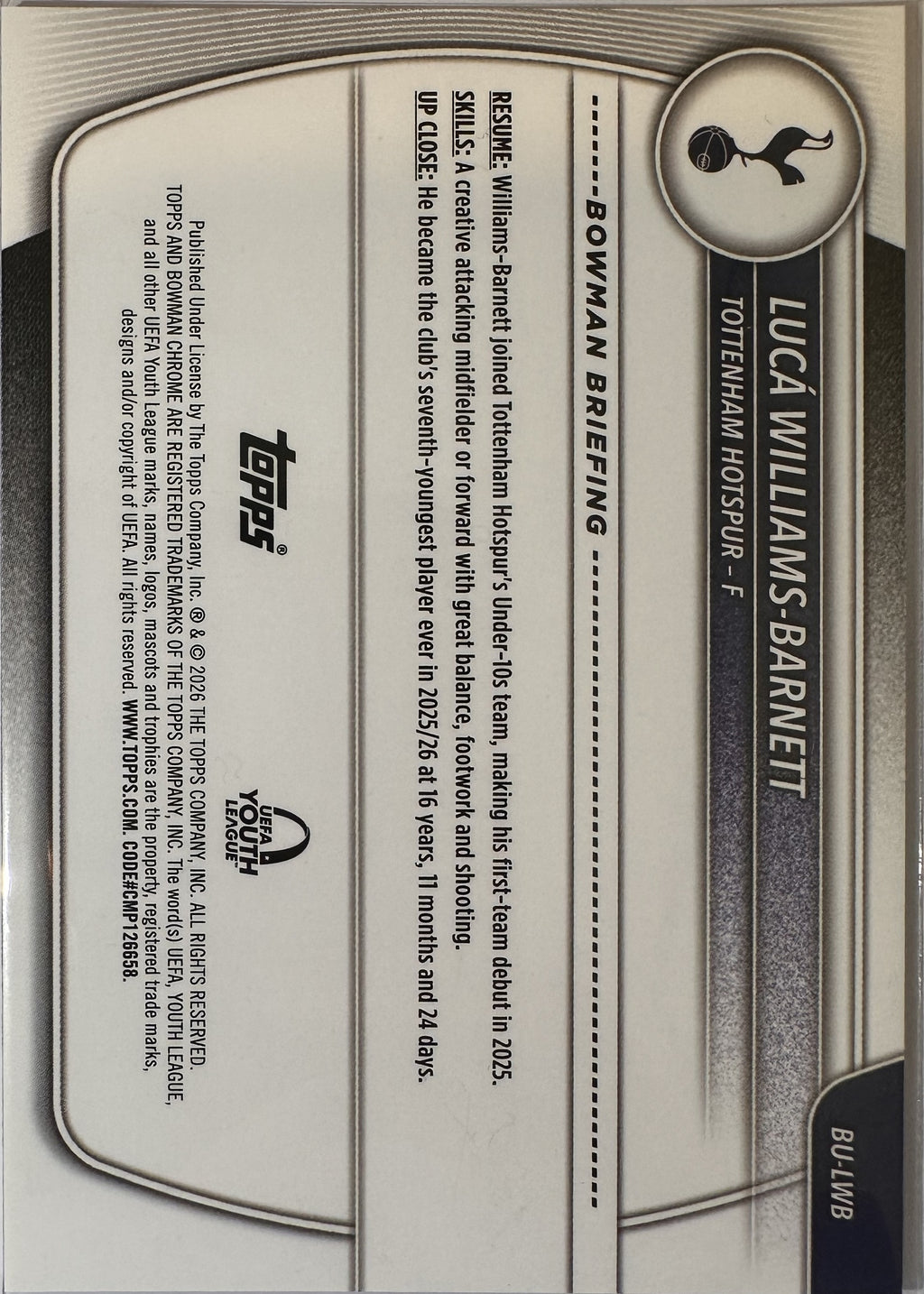Lucá Williams-Barnett - 2025-26 Topps Chrome UEFA Club Competitions (Bowman UEFA Youth League 1st Bowman) [BU-LWB] - achterkant
