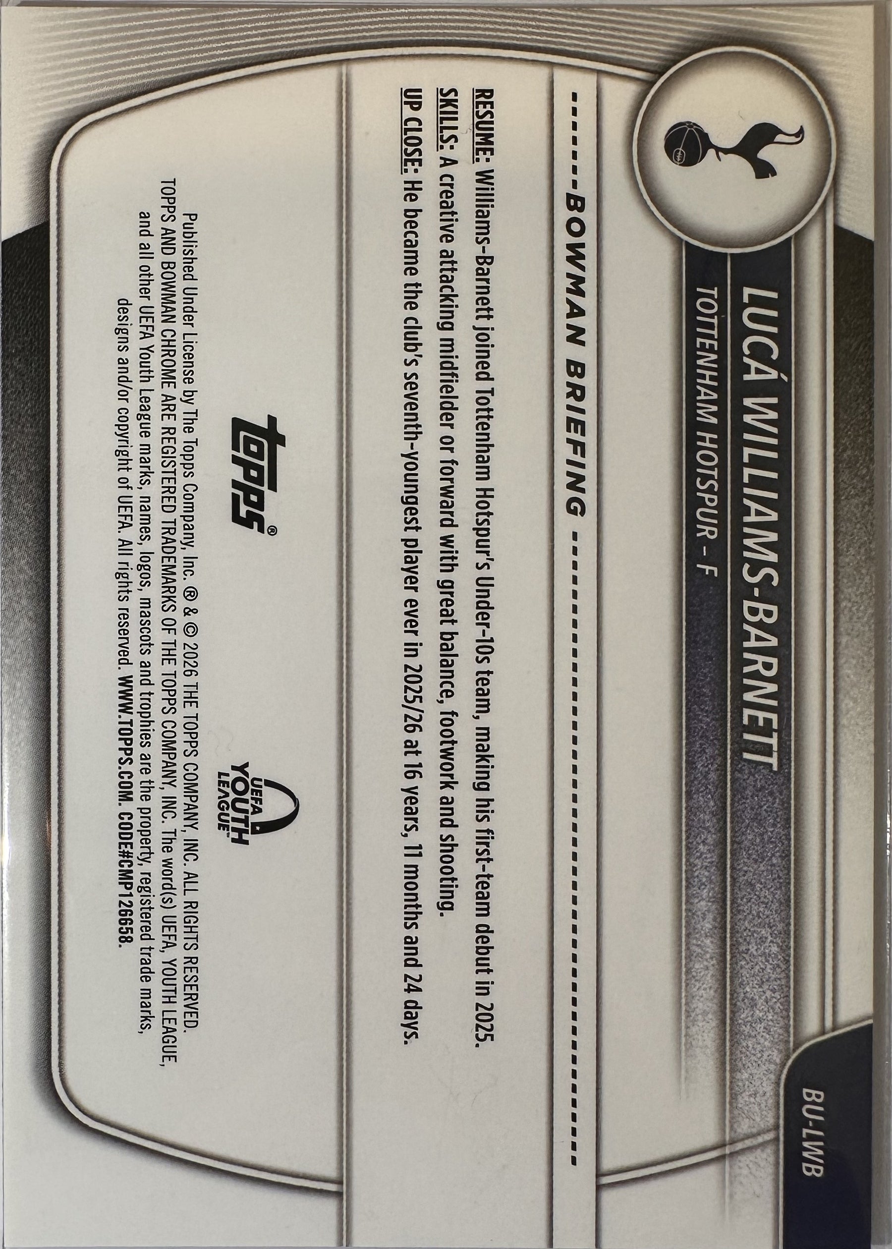 Lucá Williams-Barnett - 2025-26 Topps Chrome UEFA Club Competitions (Bowman UEFA Youth League 1st Bowman) [BU-LWB] - achterkant