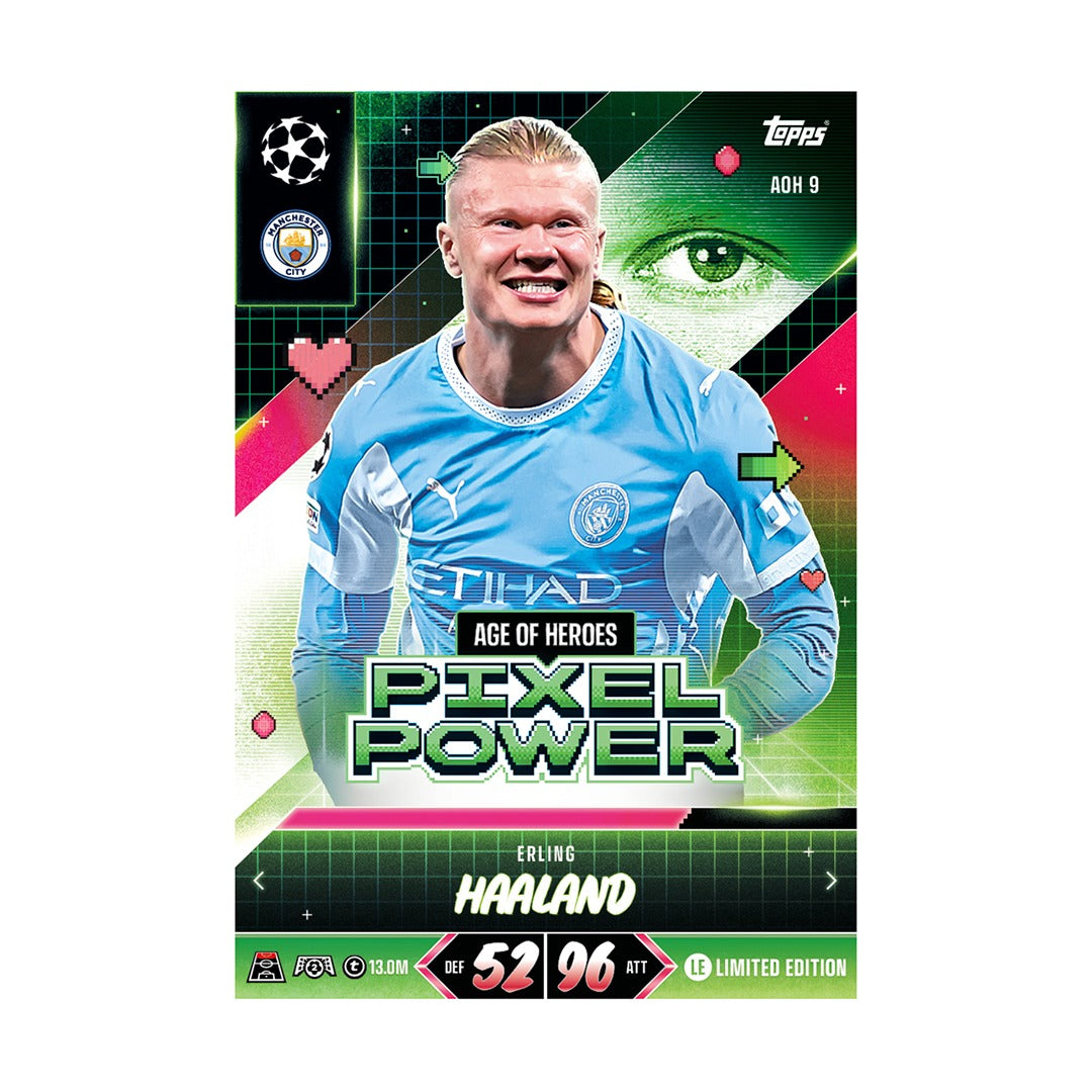 Voorbeeld Age of Heroes Pixel Power Limited Edition-kaart uit Booster Tin #3 (Erling Haaland)