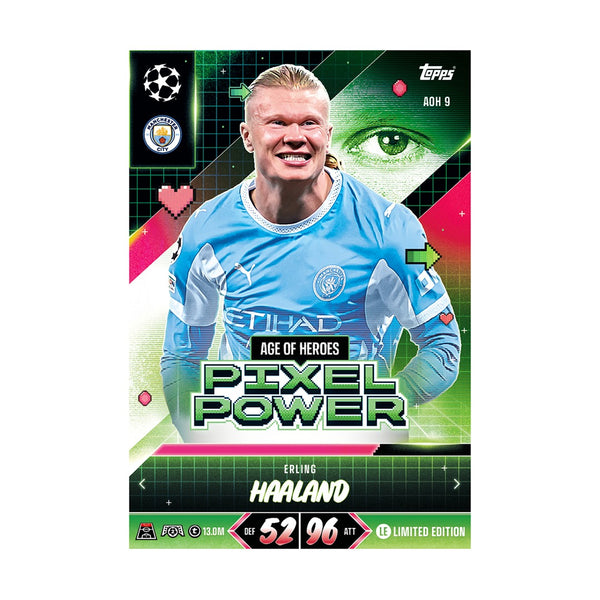 Voorbeeld Age of Heroes Pixel Power Limited Edition-kaart uit Booster Tin #3 (Erling Haaland)