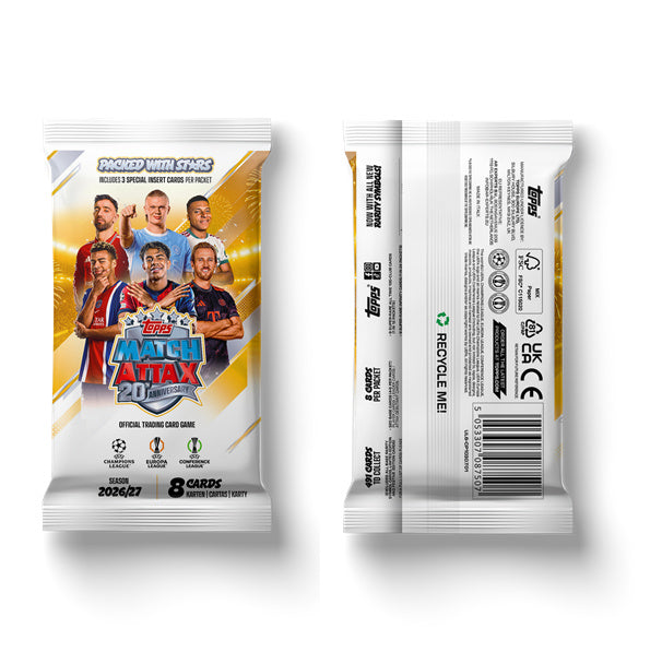 Match Attax 2026/27 Booster Pack voor- en achterkant van het zakje