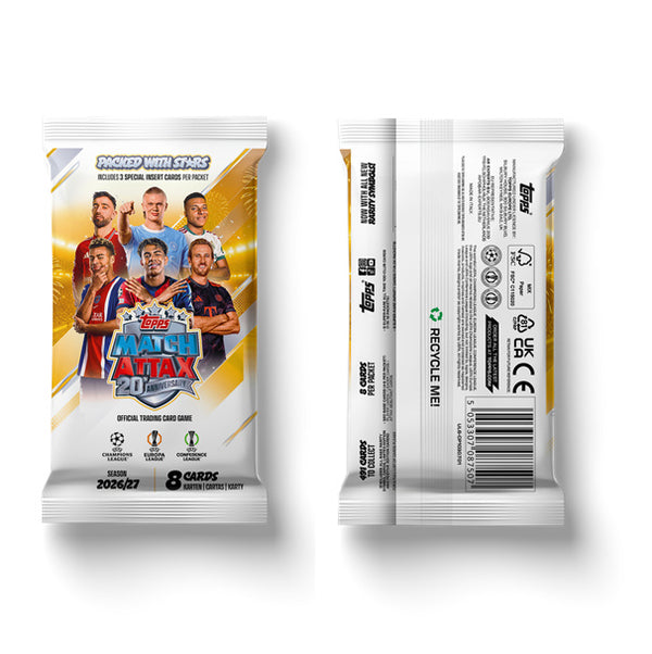 Match Attax 2026/27 Booster Pack voor- en achterkant van het zakje