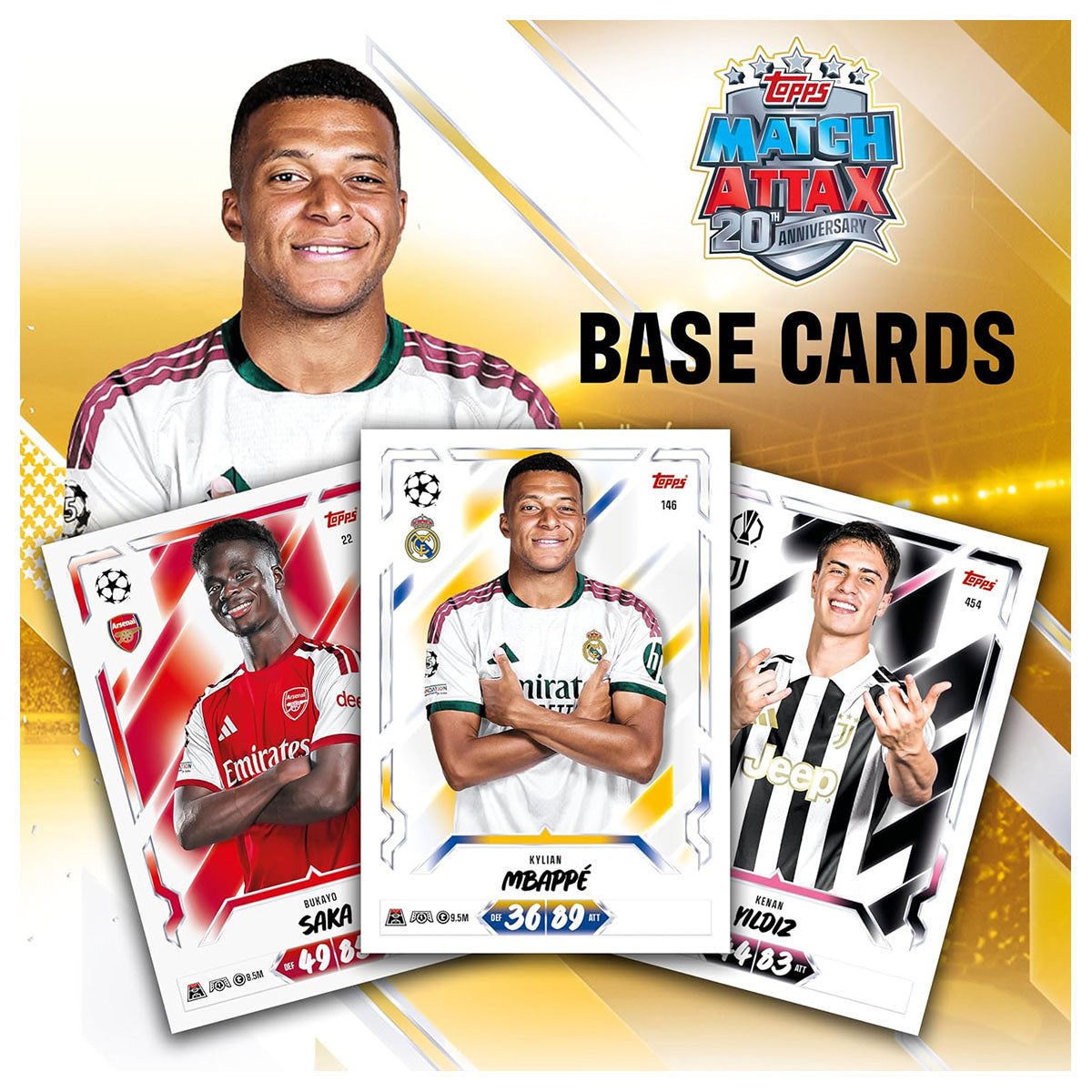 Voorbeeld basiskaarten uit Match Attax 2026/27 (Saka, Mbappé, Nico)