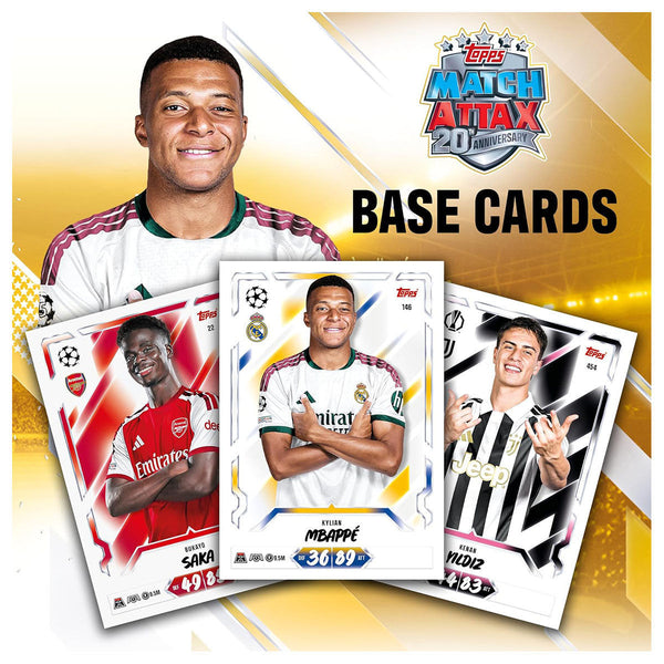 Voorbeeld basiskaarten uit Match Attax 2026/27 (Saka, Mbappé, Nico)