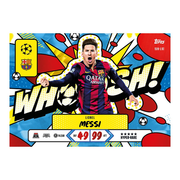 Voorbeeld WHOOSH! Hyper Rare chase-kaart uit Match Attax 2026/27 (Lionel Messi)
