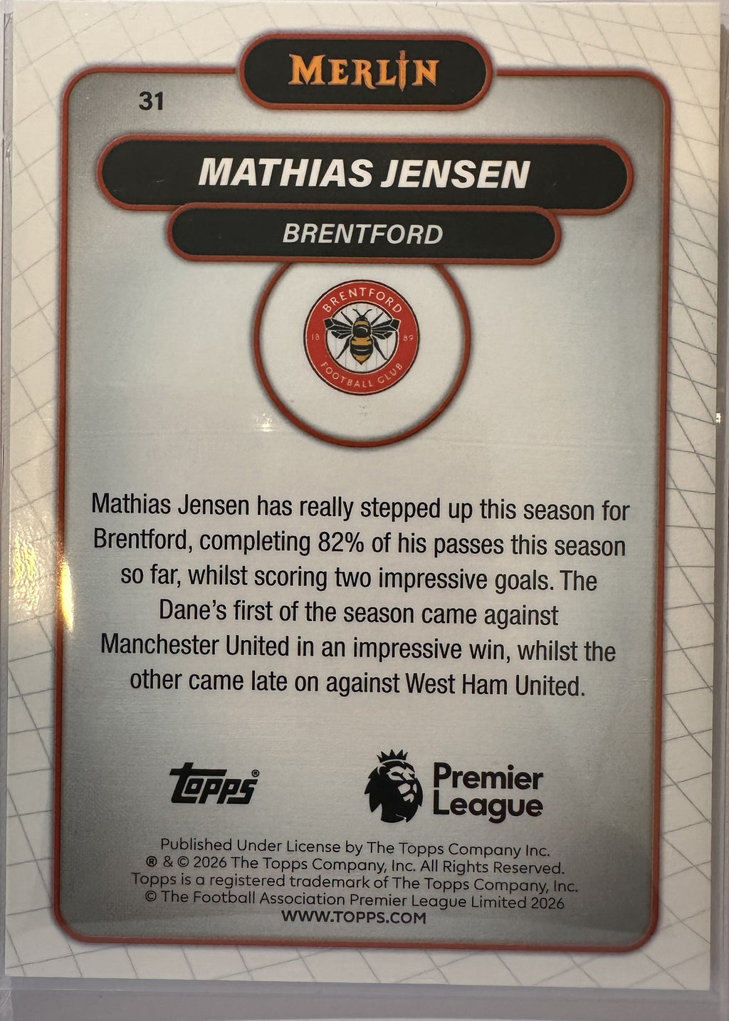 Mathias Jensen - 2025-26 Topps Merlin Premier League (Purple Refractor 27/75) [31] - achterkant