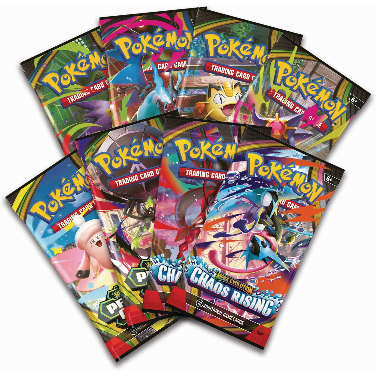 Pokémon Mega Greninja ex Premium Collection – voorbeeld van de 8 inbegrepen boosters; samenstelling en illustraties kunnen variëren