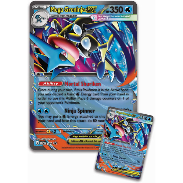 Pokémon Mega Greninja ex Premium Collection – inbegrepen promokaart en grote lenticulaire promokaart naast elkaar
