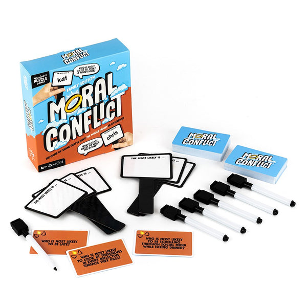 Moral Conflict Family Edition - inhoud van de doos: scenariokaarten, whiteboard-paddles en stiften
