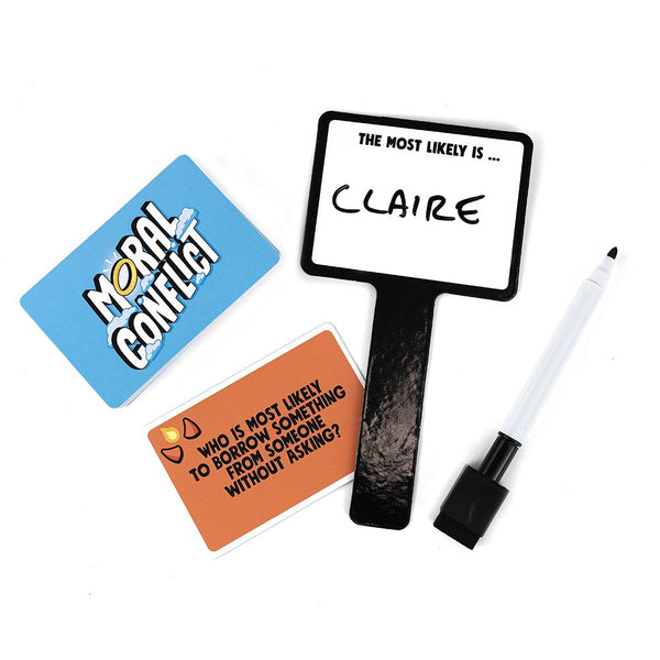 Moral Conflict Family Edition - scenariokaart met beschreven whiteboard-paddle en stift