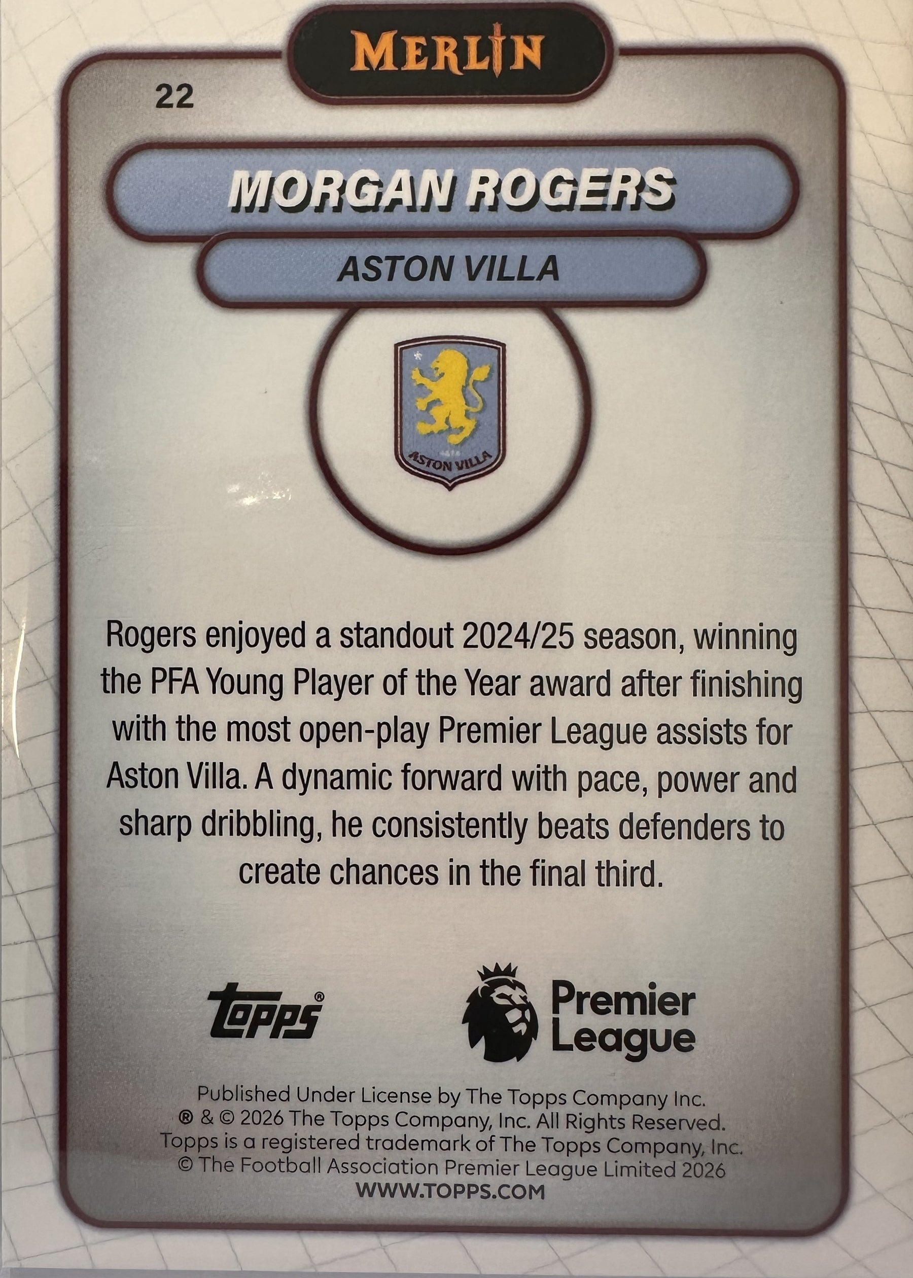 Morgan Rogers - 2025-26 Topps Merlin Premier League (Aqua Mojo Refractor 185/199) [22] - achterkant