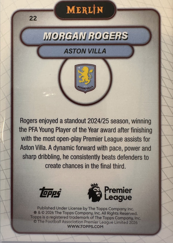 Morgan Rogers - 2025-26 Topps Merlin Premier League (Aqua Mojo Refractor 185/199) [22] - achterkant